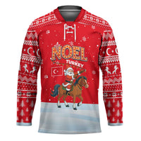 Turkey Christmas Hockey Jersey with Santa on Horse Red Snowflake Pattern and Crescent Star - Wonder Print Shop