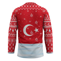 Turkey Christmas Hockey Jersey with Santa on Horse Red Snowflake Pattern and Crescent Star - Wonder Print Shop