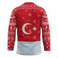 Turkey Christmas Hockey Jersey with Santa on Horse Red Snowflake Pattern and Crescent Star - Wonder Print Shop