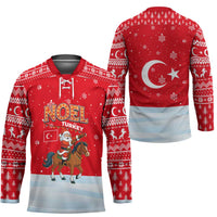 Turkey Christmas Hockey Jersey with Santa on Horse Red Snowflake Pattern and Crescent Star - Wonder Print Shop