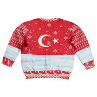 Turkey Christmas Kid Ugly Christmas Sweater with Santa on Horse Red Snowflake Pattern and Crescent Star - Wonder Print Shop