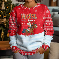 Turkey Christmas Kid Ugly Christmas Sweater with Santa on Horse Red Snowflake Pattern and Crescent Star - Wonder Print Shop