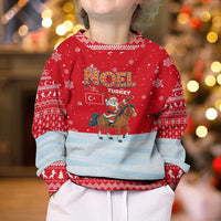 Turkey Christmas Kid Ugly Christmas Sweater with Santa on Horse Red Snowflake Pattern and Crescent Star - Wonder Print Shop