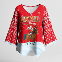 Turkey Christmas Kimono Sleeve Blouse with Santa on Horse Red Snowflake Pattern and Crescent Star - Wonder Print Shop