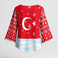 Turkey Christmas Kimono Sleeve Blouse with Santa on Horse Red Snowflake Pattern and Crescent Star - Wonder Print Shop