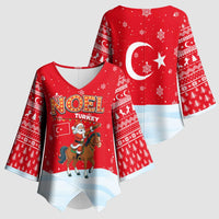 Turkey Christmas Kimono Sleeve Blouse with Santa on Horse Red Snowflake Pattern and Crescent Star - Wonder Print Shop
