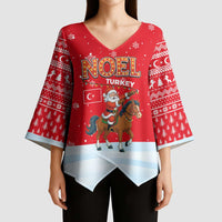 Turkey Christmas Kimono Sleeve Blouse with Santa on Horse Red Snowflake Pattern and Crescent Star - Wonder Print Shop
