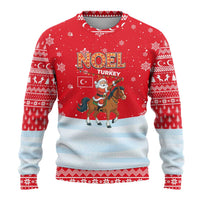 Turkey Christmas Ugly Christmas Sweater with Santa on Horse Red Snowflake Pattern and Crescent Star - Wonder Print Shop
