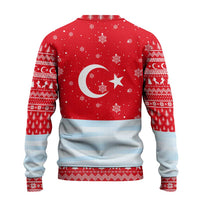 Turkey Christmas Ugly Christmas Sweater with Santa on Horse Red Snowflake Pattern and Crescent Star - Wonder Print Shop