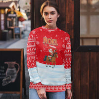 Turkey Christmas Ugly Christmas Sweater with Santa on Horse Red Snowflake Pattern and Crescent Star - Wonder Print Shop