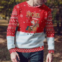 Turkey Christmas Ugly Christmas Sweater with Santa on Horse Red Snowflake Pattern and Crescent Star - Wonder Print Shop