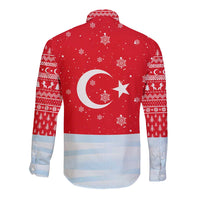 Turkey Christmas Long Sleeve Button Shirt with Santa on Horse Red Snowflake Pattern and Crescent Star - Wonder Print Shop