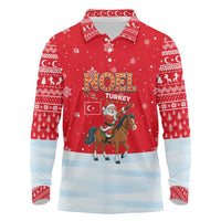 Turkey Christmas Long Sleeve Polo Shirt with Santa on Horse Red Snowflake Pattern and Crescent Star - Wonder Print Shop