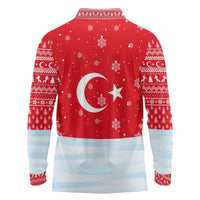 Turkey Christmas Long Sleeve Polo Shirt with Santa on Horse Red Snowflake Pattern and Crescent Star - Wonder Print Shop