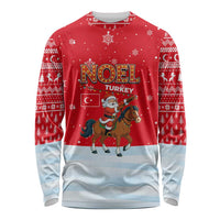 Turkey Christmas Long Sleeve Shirt with Santa on Horse Red Snowflake Pattern and Crescent Star - Wonder Print Shop