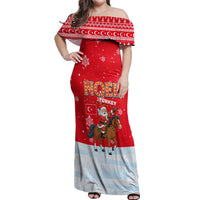 Turkey Christmas Off Shoulder Maxi Dress with Santa on Horse Red Snowflake Pattern and Crescent Star - Wonder Print Shop