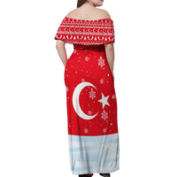 Turkey Christmas Off Shoulder Maxi Dress with Santa on Horse Red Snowflake Pattern and Crescent Star - Wonder Print Shop