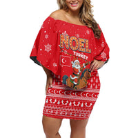 Turkey Christmas Off Shoulder Short Dress with Santa on Horse Red Snowflake Pattern and Crescent Star - Wonder Print Shop