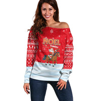 Turkey Christmas Off Shoulder Sweater with Santa on Horse Red Snowflake Pattern and Crescent Star - Wonder Print Shop