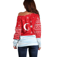Turkey Christmas Off Shoulder Sweater with Santa on Horse Red Snowflake Pattern and Crescent Star - Wonder Print Shop