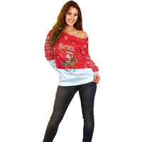 Turkey Christmas Off Shoulder Sweater with Santa on Horse Red Snowflake Pattern and Crescent Star - Wonder Print Shop