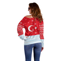 Turkey Christmas Off Shoulder Sweater with Santa on Horse Red Snowflake Pattern and Crescent Star - Wonder Print Shop