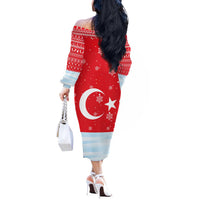 Turkey Christmas Off The Shoulder Long Sleeve Dress with Santa on Horse Red Snowflake Pattern and Crescent Star - Wonder Print Shop