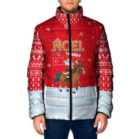 Turkey Christmas Padded Jacket with Santa on Horse Red Snowflake Pattern and Crescent Star - Wonder Print Shop