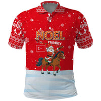 Turkey Christmas Polo Shirt with Santa on Horse Red Snowflake Pattern and Crescent Star - Wonder Print Shop