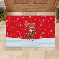 Turkey Christmas Rubber Doormat with Santa on Horse Red Snowflake Pattern and Crescent Star - Wonder Print Shop