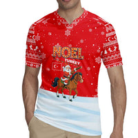 Turkey Christmas Rugby Jersey with Santa on Horse Red Snowflake Pattern and Crescent Star - Wonder Print Shop