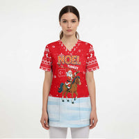 Turkey Christmas Scrub Top with Santa on Horse Red Snowflake Pattern and Crescent Star - Wonder Print Shop