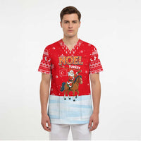 Turkey Christmas Scrub Top with Santa on Horse Red Snowflake Pattern and Crescent Star - Wonder Print Shop