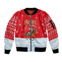 Turkey Christmas Sleeve Zip Bomber Jacket with Santa on Horse Red Snowflake Pattern and Crescent Star - Wonder Print Shop