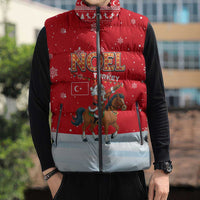 Turkey Christmas Sleeveless Puffer Jacket with Santa on Horse Red Snowflake Pattern and Crescent Star - Wonder Print Shop