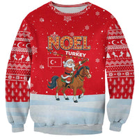 Turkey Christmas Sweatshirt with Santa on Horse Red Snowflake Pattern and Crescent Star - Wonder Print Shop