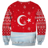 Turkey Christmas Sweatshirt with Santa on Horse Red Snowflake Pattern and Crescent Star - Wonder Print Shop