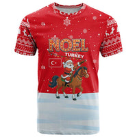 Turkey Christmas T Shirt with Santa on Horse Red Snowflake Pattern and Crescent Star - Wonder Print Shop
