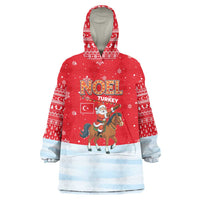 Turkey Christmas Wearable Blanket Hoodie with Santa on Horse Red Snowflake Pattern and Crescent Star - Wonder Print Shop