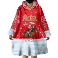 Turkey Christmas Wearable Blanket Hoodie with Santa on Horse Red Snowflake Pattern and Crescent Star - Wonder Print Shop