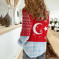Turkey Christmas Women Casual Shirt with Santa on Horse Red Snowflake Pattern and Crescent Star - Wonder Print Shop