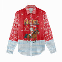 Turkey Christmas Women Casual Shirt with Santa on Horse Red Snowflake Pattern and Crescent Star - Wonder Print Shop
