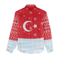 Turkey Christmas Women Casual Shirt with Santa on Horse Red Snowflake Pattern and Crescent Star - Wonder Print Shop
