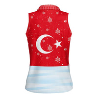 Turkey Christmas Women Sleeveless Polo Shirt with Santa on Horse Red Snowflake Pattern and Crescent Star - Wonder Print Shop