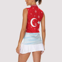 Turkey Christmas Women Sleeveless Polo Shirt with Santa on Horse Red Snowflake Pattern and Crescent Star - Wonder Print Shop