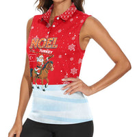 Turkey Christmas Women Sleeveless Polo Shirt with Santa on Horse Red Snowflake Pattern and Crescent Star - Wonder Print Shop