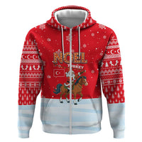 Turkey Christmas Zip Hoodie with Santa on Horse Red Snowflake Pattern and Crescent Star - Wonder Print Shop
