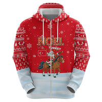 Turkey Christmas Zip Hoodie with Santa on Horse Red Snowflake Pattern and Crescent Star - Wonder Print Shop