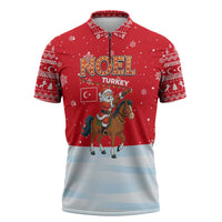 Turkey Christmas Zipper Polo Shirt with Santa on Horse Red Snowflake Pattern and Crescent Star - Wonder Print Shop