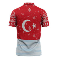 Turkey Christmas Zipper Polo Shirt with Santa on Horse Red Snowflake Pattern and Crescent Star - Wonder Print Shop